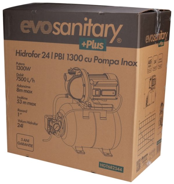 Hidrofor 24l, 1300w, 5.3bar, pompa inox, 5 ani garantie, Evosanitary Plus 682544